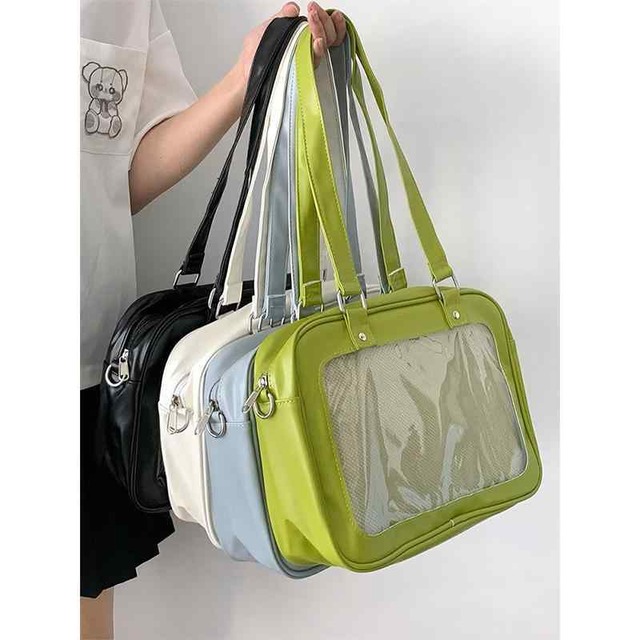 スクールバッグ ショルダー サブバッグ 可愛い 痛バッグ 韓国系 高校生 女子高生 2way レザー ボストンバッグ かわいい レトロ スクバ 合皮 軽量 大容量 学校 通学 肩がけ バッグ カバン 黒 白 青 緑 無地 痛バック 推し活 グッズ