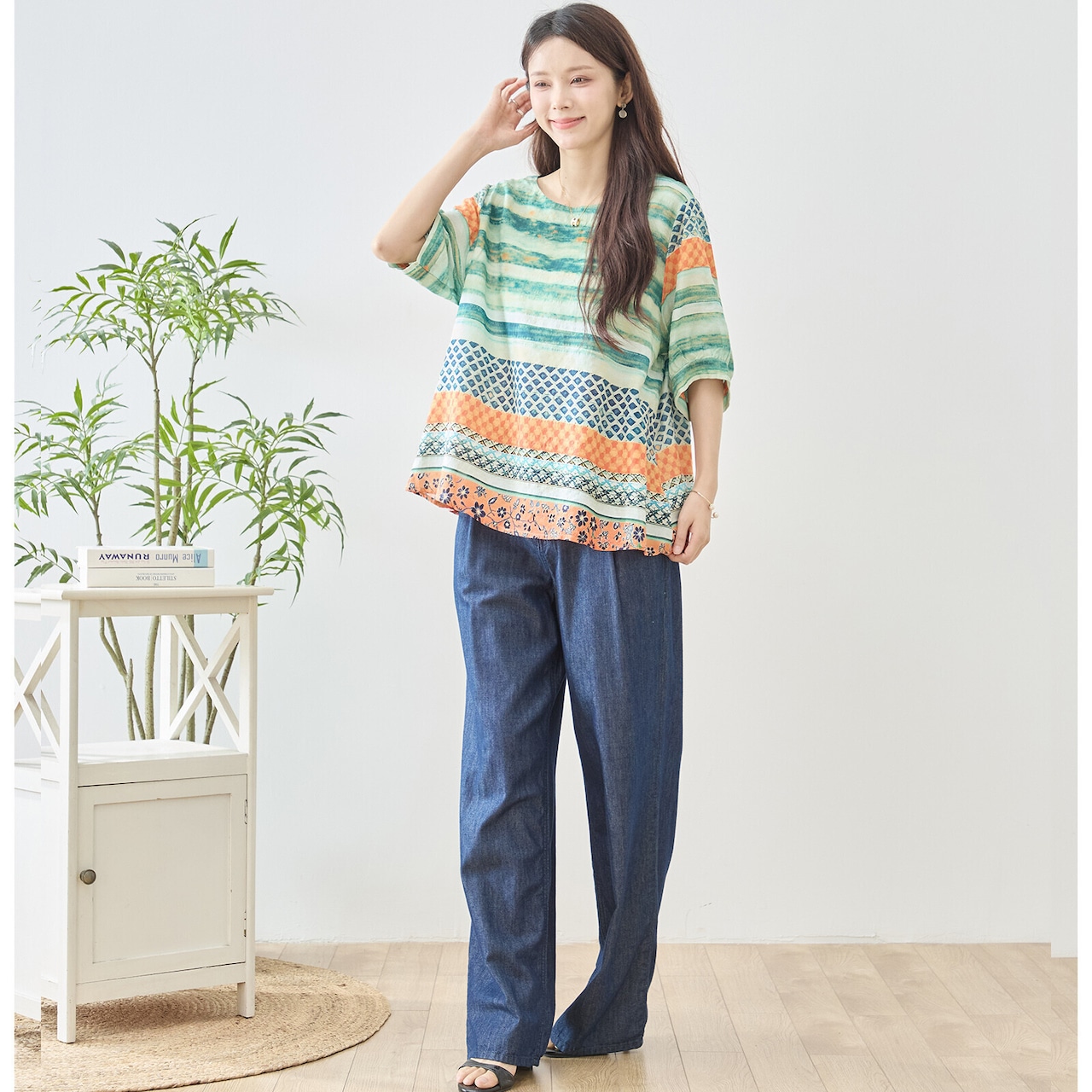 TRUBE マルチボーダーエスニックプリントトップス【M~L】