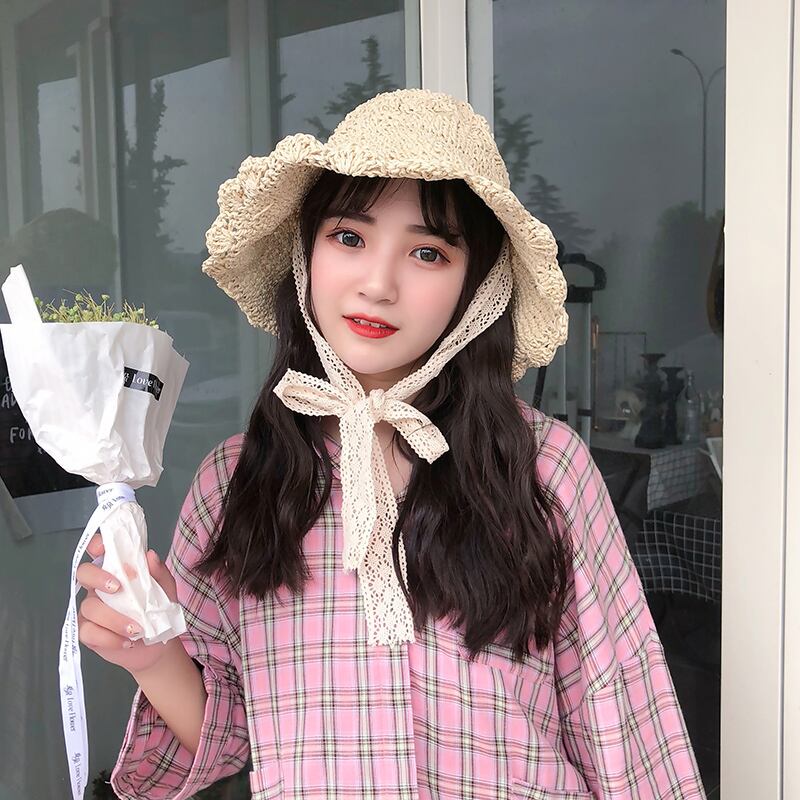 insのバージョン小さな新鮮な野生の麦わら帽子女性の夏のストラップ弓ホリデービーチ帽子ビッグエッジ折りたたみサンハット ブラック・アイド・ピーズ73127187372