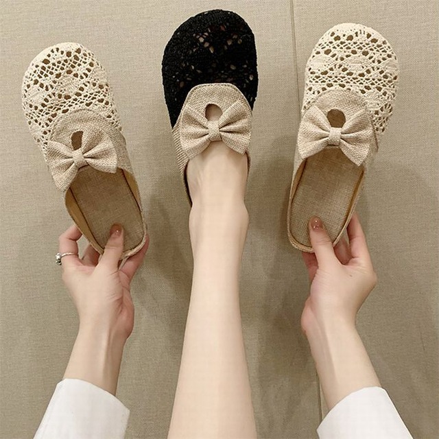 ペタンコサンダル フラットサンダル サボ スリッパ リネン リボン メッシュ編み ミュール ローヒール ぺたんこ 歩きやすい 韓国ファッション レディース / Lace mesh hollow linen woven sandals and slippers (DTC-642296403479)