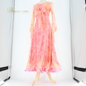 社交ダンス 衣装 スタンダード ドレス ワンピース レッスンウェア パーティドレス レディース ピンク系 オレンジ系 花柄 レース フェミニン フローラル 刺繍 エレガント ボリューム フレア サテン ストレッチ パーティーコスチューム 大人 可愛い 女性用 ダンスウェア おしゃれ 薄手 春 夏 秋