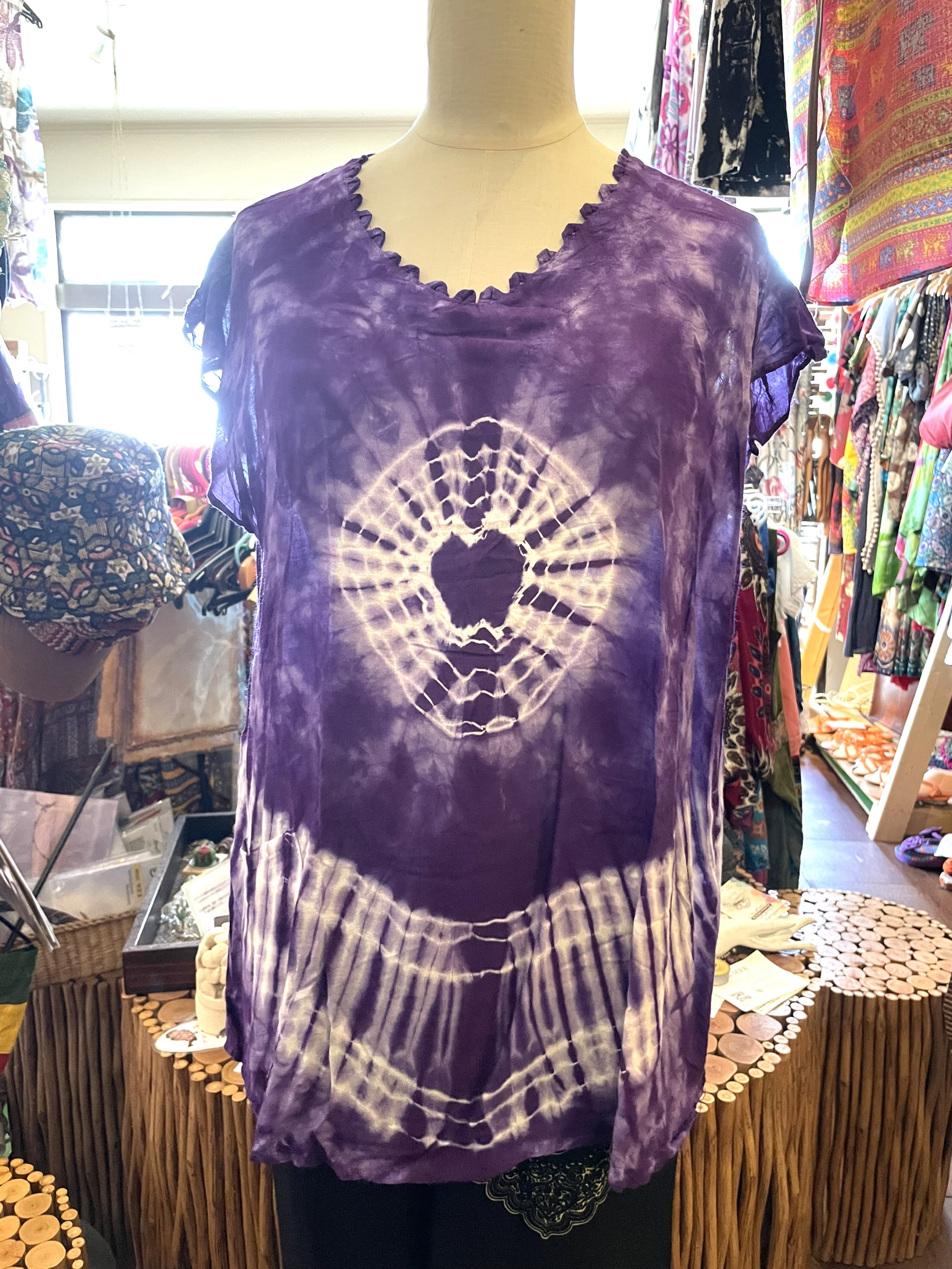 半袖シャツ 半袖 タイダイシャツ シャツ チュニック ブラウス 手染め 涼しい エスニックファッション アジアンファッション パープル リング柄* アジアン雑貨No.235