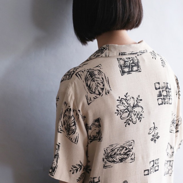flower and leaf "墨絵" motif s/s shirt