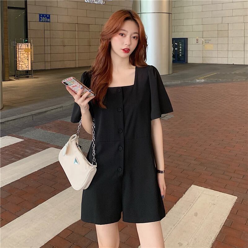 サマースリーブベルト ウェストソリッド カラージャンプスーツ オールインワン 夏物 ハーネス ソリッドカラー スクウェア 1号婦人62791776074