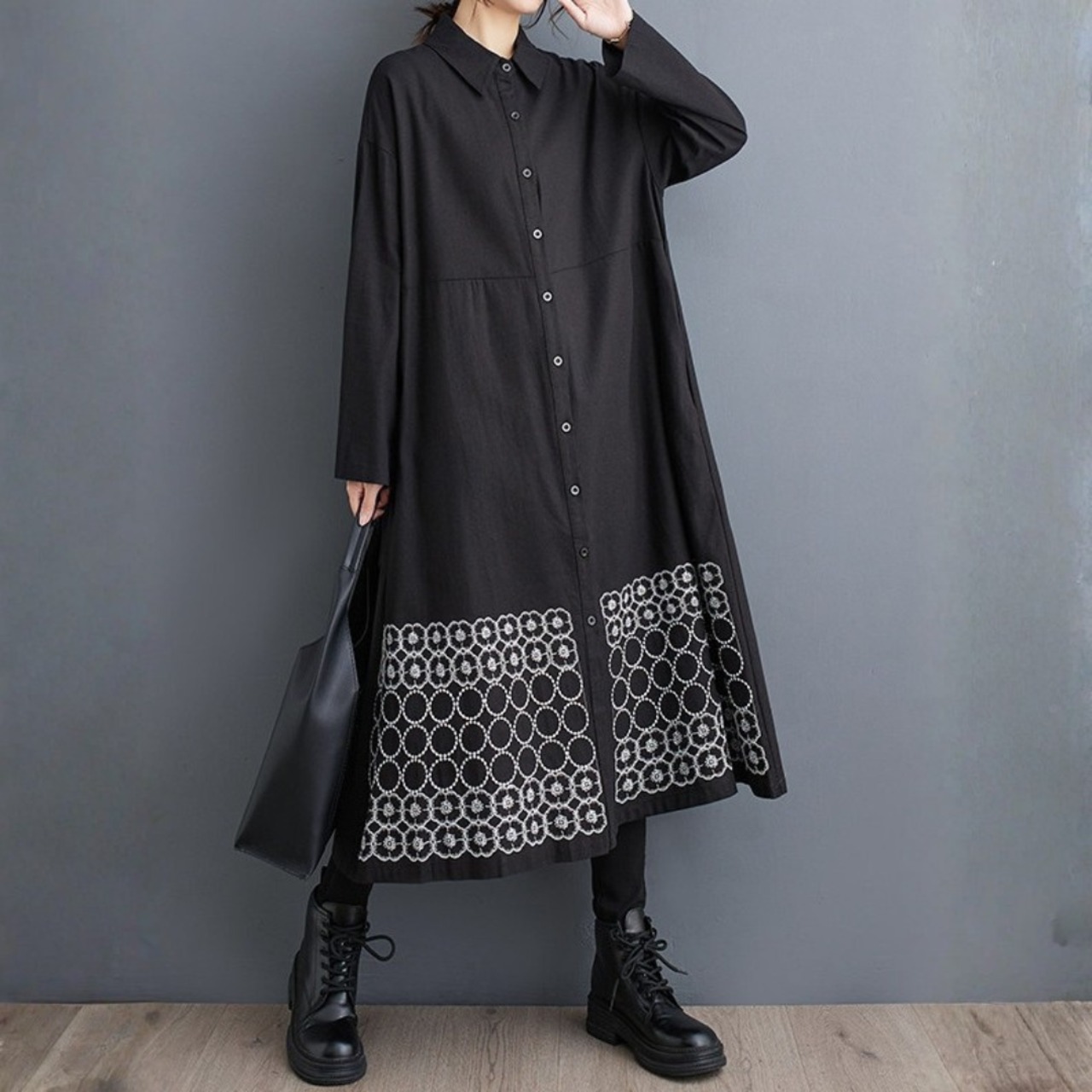 刺繍デザイン ロング シャツワンピース  00241