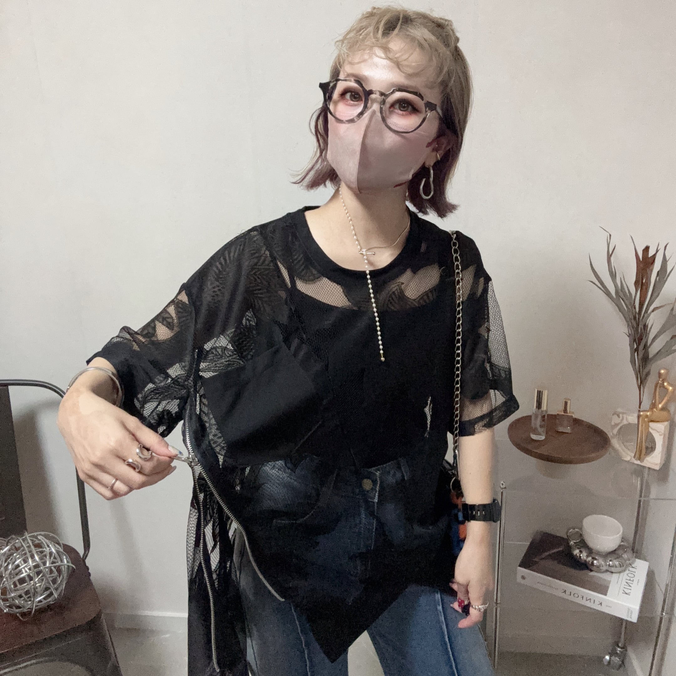 asymmetry lace botanical zip tops