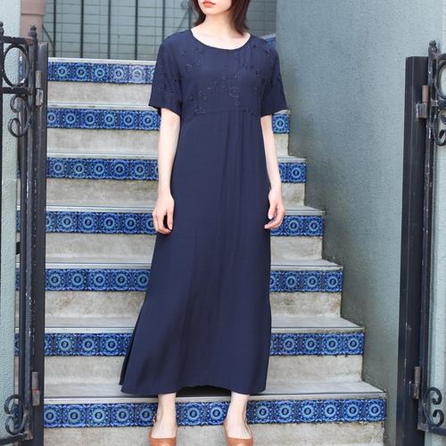 USA VINTAGE LIZ claiborne EMBROIDERY DESIGN NAVY ONE PIECE/アメリカ古着刺繍デザインネイビーワンピース