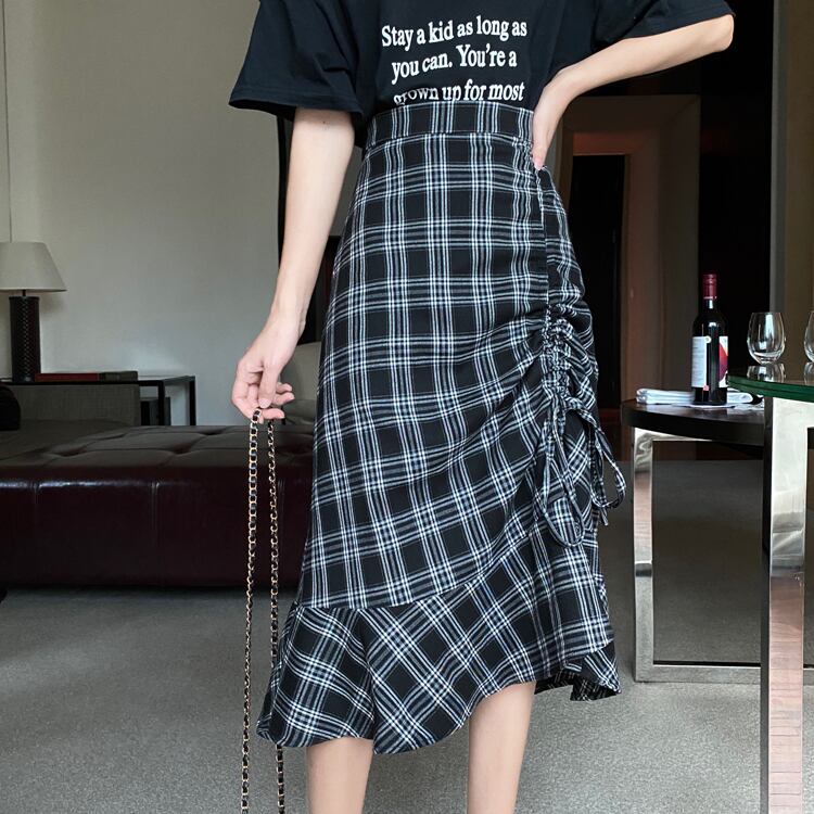 ウエストチェック柄スカートミドル丈ドローストリングフォールドイレギュラーヒップスカートフィッシュテールスカート2020年秋トレンド YY-ファッション39210341344