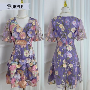 ブラッシュ・ペタル　フラワー刺繍五分袖ドレス　M25204