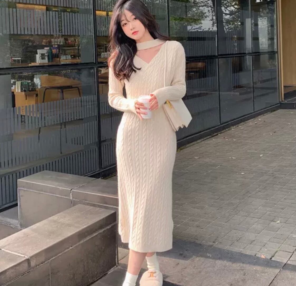おしゃれ チョーカー風 ニットワンピ カシュクール ケーブル編み ワンピース バック スリット シンプル キレイめ 大人女子 着回し デート 女子会 Lamitte Deco トレンド 韓国ファッション ショップ Base店