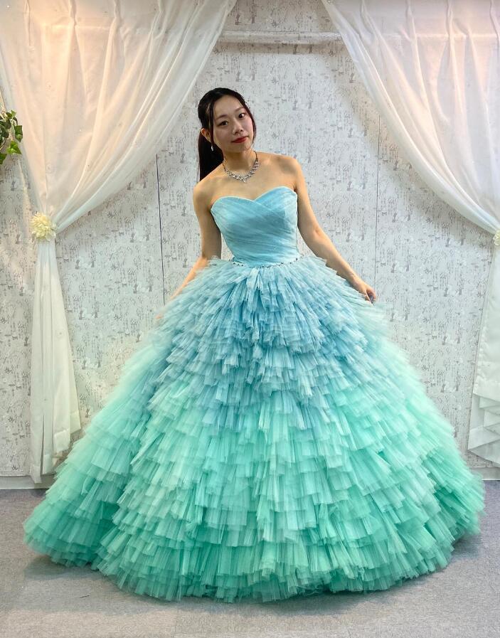 カラードレス グリーン グラデーションドレス 編み上げ 床付く ベア  