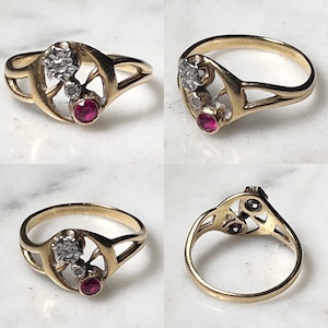 vintage 9ct gold ring set with diamond & synthetic ruby