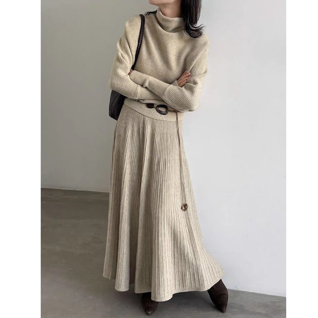 ハイネックニット×プリーツロングスカート セットアップ 0201
