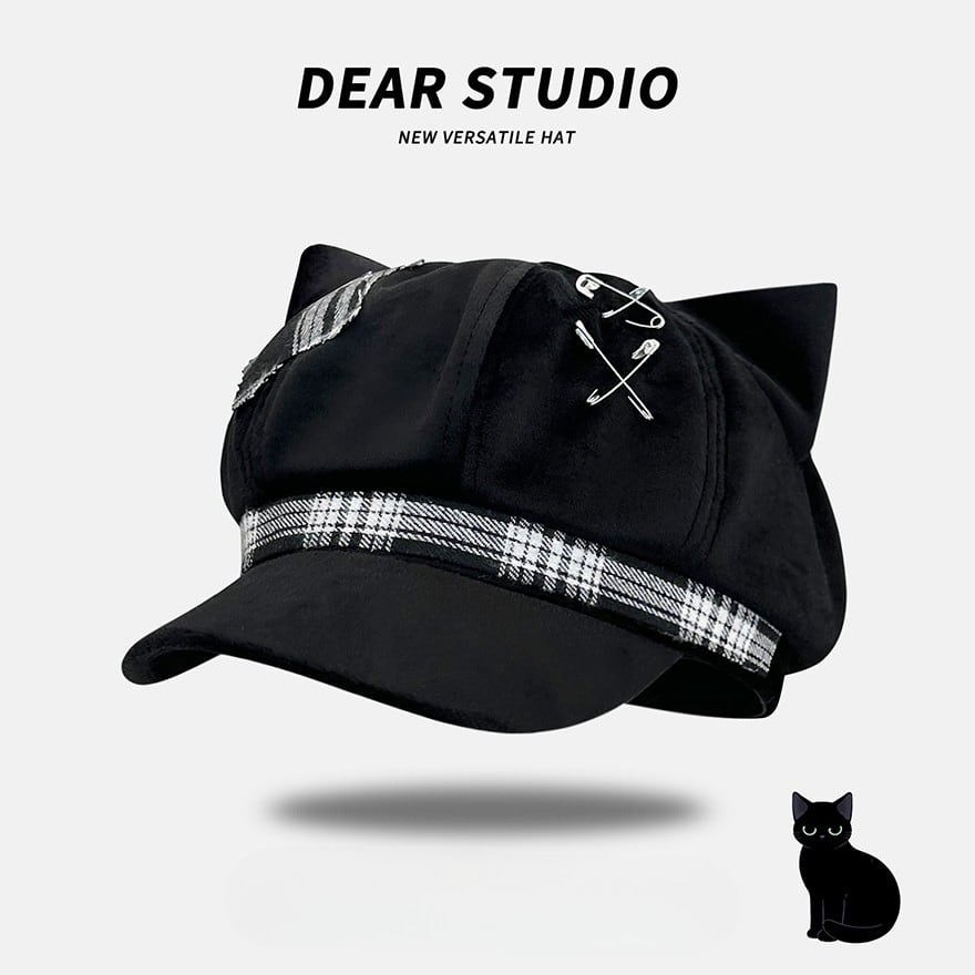 地雷系 パンク キャスケット ハット 猫耳帽 チェック柄 原宿