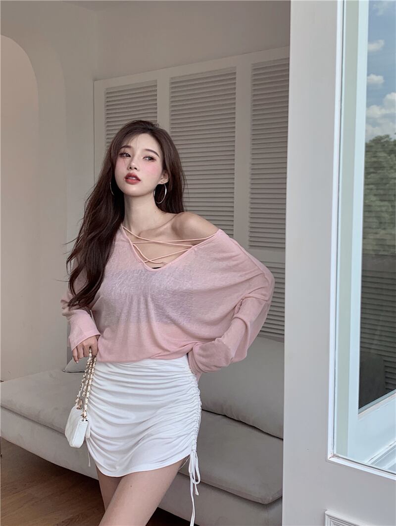 薄手ブラウス Tシャツ サマーVネックカジュアルルーズトップス ロング ピンク 夏物 ブラックストロベリース63761301027