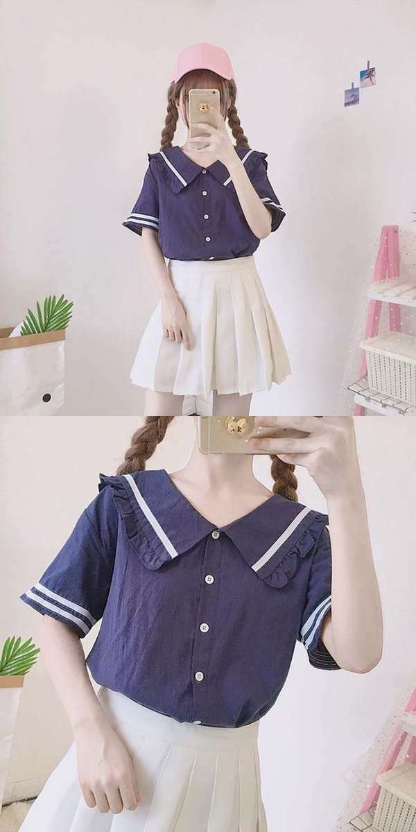 セーラー 風 トップス 病みかわ ゆめかわ ボタン 半袖 2019 夏 可愛い