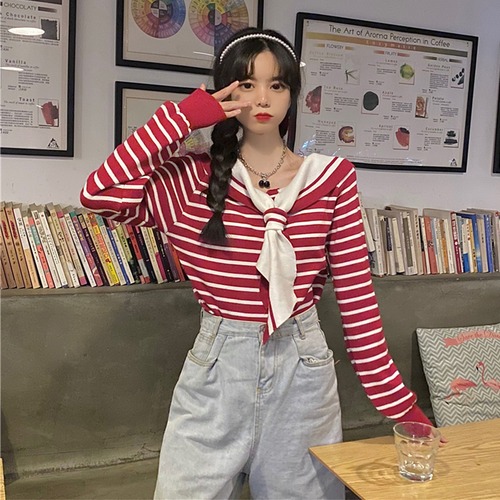 ✞ ♡ネイビープルオーバー カラーストライプニットシャツブラウスセーター ロング ✞ゴスロリ SM ミリ 甘ロリ クラロリ 和ロリ エレガント 黒ロリ 姫ロリ 華ロリ BB-BB51378475073