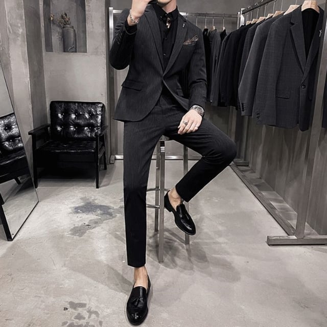 【予約販売】メンズ セットアップ スーツ ストライプ柄 シック スリム 男前 ブラック ネイビー グレー ジャケット パンツ セット セットアップ ビジネス 通勤 フォーマル パーティ 二次会 同窓会 結婚式 韓国 トレンド 大きいサイズ S/M/L/XL/2XL/3XL/4XL/5XL