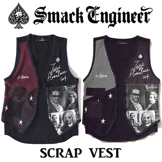 【30%OFF SALE】SMACK ENGINEER / スマックエンジニア「SCRAP VEST」ベスト ジレ 星 スター 水玉 ドット柄 黒白赤 ブラック ホワイト ワインレッド スカル ドクロ スペード メンズ レディース ROCK PUNK ロック パンク 富田翔 ギフトラッピング無料 ステージ衣装 Rogia