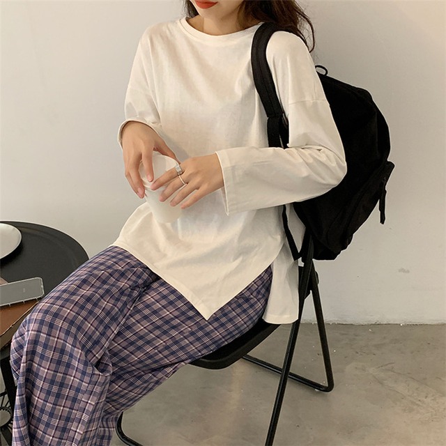 おすすめ商品 ゆったりする ピュアカラー スプリット ベースシャツ 長袖 Tシャツ トップス 大人気