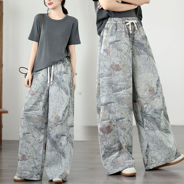 DRAWSTRING HIGH WAIST PRINT WIDE LEG DENIM PANTS M-17714