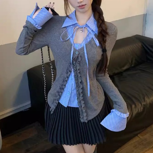 【2点セット】カットアウトデザインレイヤード風トップス＋プリーツミニスカ ・73081