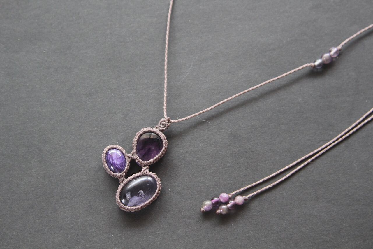 Fluorite & Charoite & Amethyst micro macrame pendant