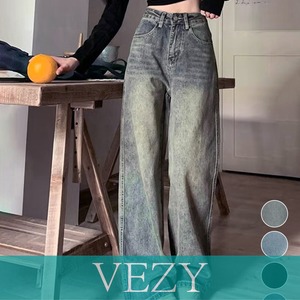 ヴィンテージデニムパンツ レディース韓国 レトロ風ジーンズ ハイウエスト ウォッシュデニム 美脚脚長 セミワイドパンツ フルレングス 着やせジーパン 体型カバー ボトムス VEZY ベジー ItemNo.【20881445】