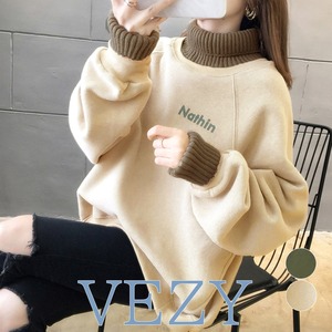 裏起毛 ロゴトレーナー 韓国 ゆったり スウェット オルチャン タートルネックトップス レイヤード風 ハイネック トレーナー 着やせ ボリューム袖 パーカー トレーナー ベジー VEZY ItemNo.【16777335 】