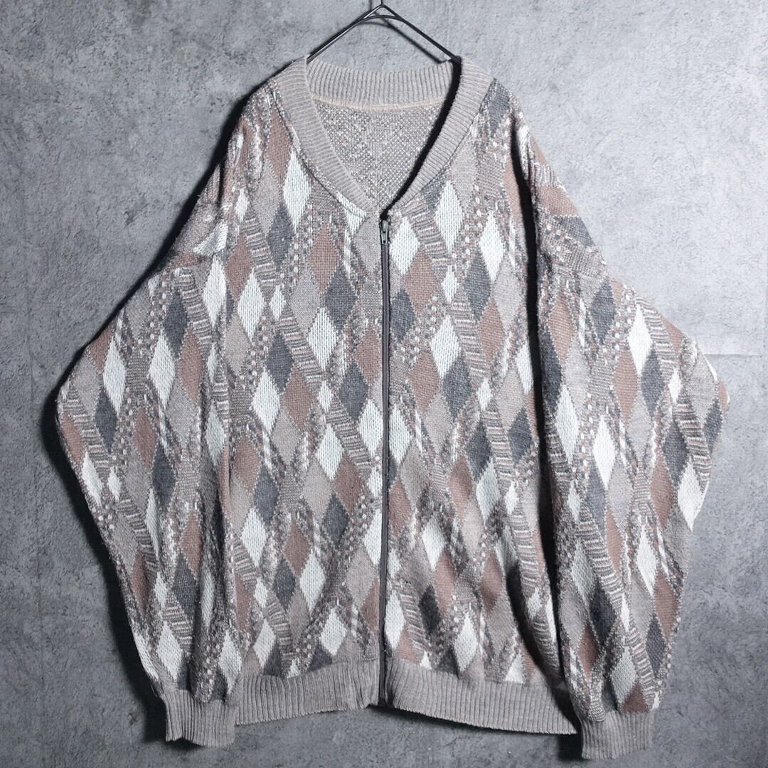 Multicolor diamond motif design zip knit blouson