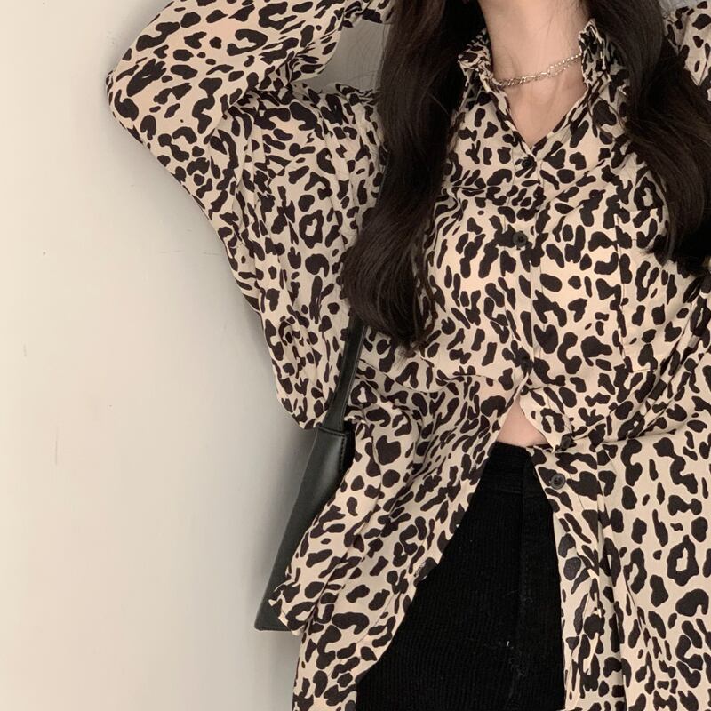 レオパードプリント柄シャツ スプリングルーズスタンダードトップス ロング レトロ 春物 ブラックストロベリース39417356591