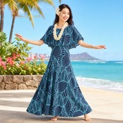 フラダンス 衣装 Kuulei Hawaii クウレイハワイ ツーピース セットアップ 上下セット ネイビー系 トップス スカート 紺 青 緑 伸縮 ストレッチ リーフ柄 総柄 タヒチアン ダンス衣装 イベント ステージ かわいい 華やかブルー系 グリーン系