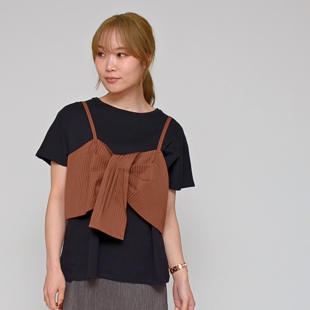 【トレンドをパッと完結】  ビスチェ＋Tシャツ・セット ‐ LEO-2629 ブラック×ブラウン ‐