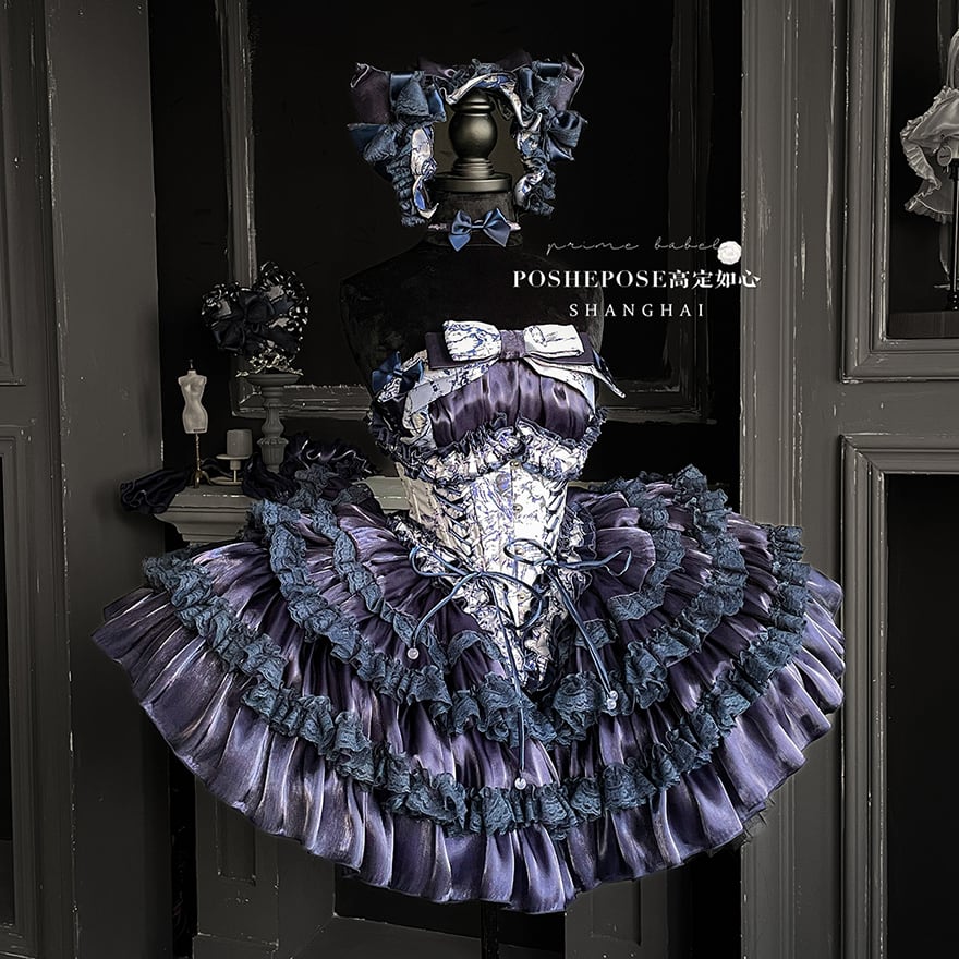 ゴスロリ ロリータ 星空フリル多段ミニドレス豪華セット姫系コルセット