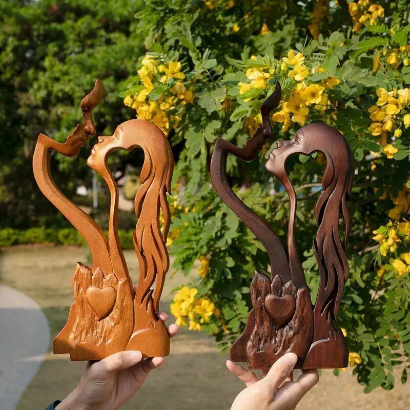 木彫 オブジェ 男女ペア アンティーク 置物 高さ約35cm 彫刻 アート オブジェ 置物 カップル フェイス 顔 モダン アンティーク