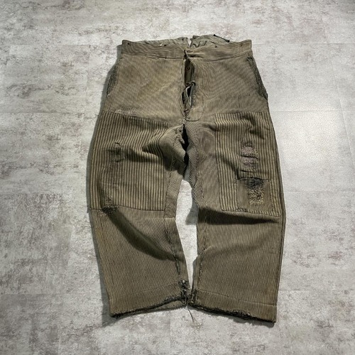 30-40s メタルボタン パッチワーク ストライプ コットンピケパンツ