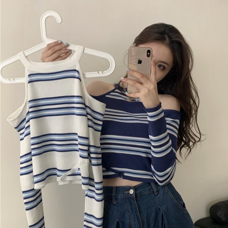 ストライプセーター オータムスタイルホルターストラップレススリムショートブラウス レディース ロング 秋物 ハンチェンe73482517800