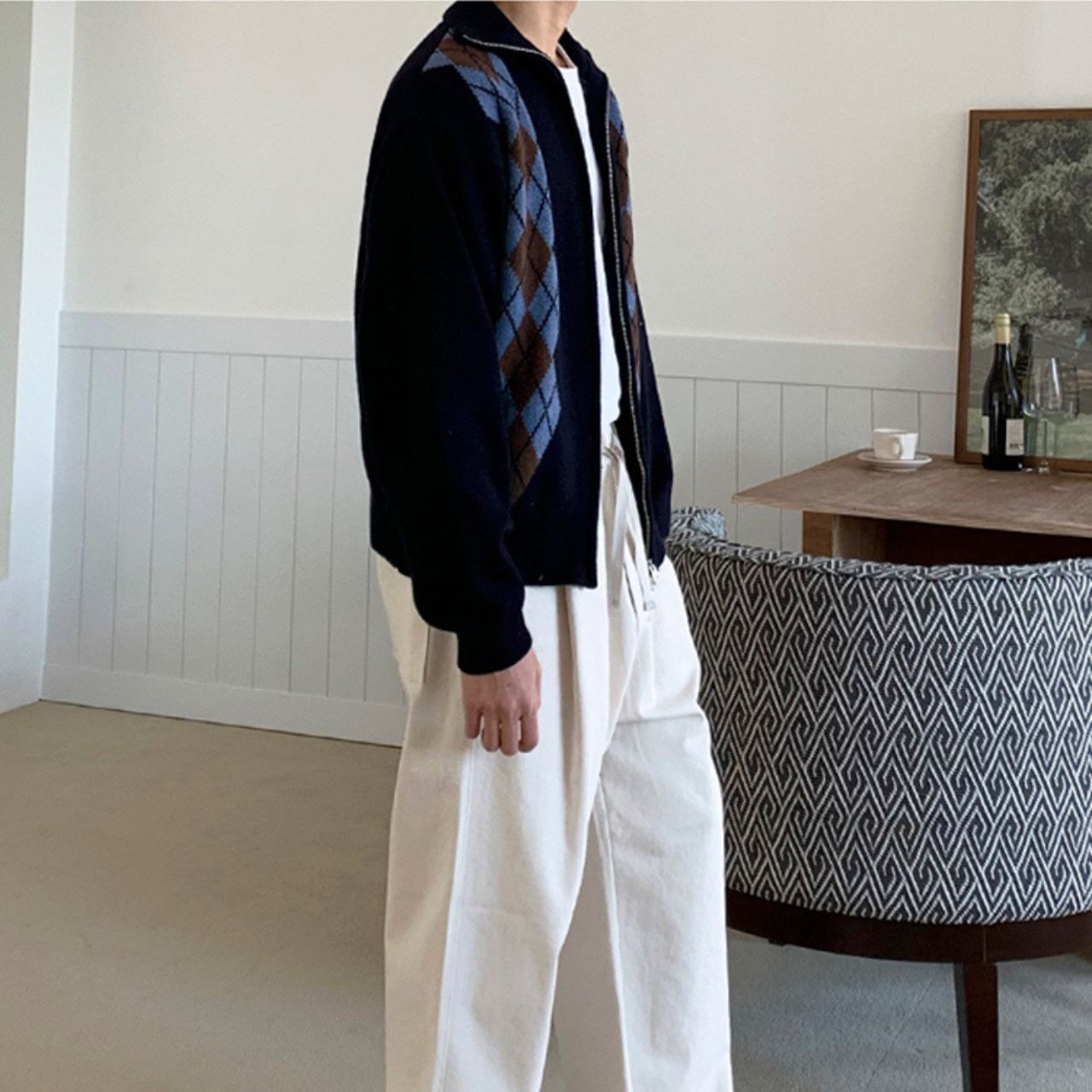 アーガイルジップアップニットカーディガン　MT0080387