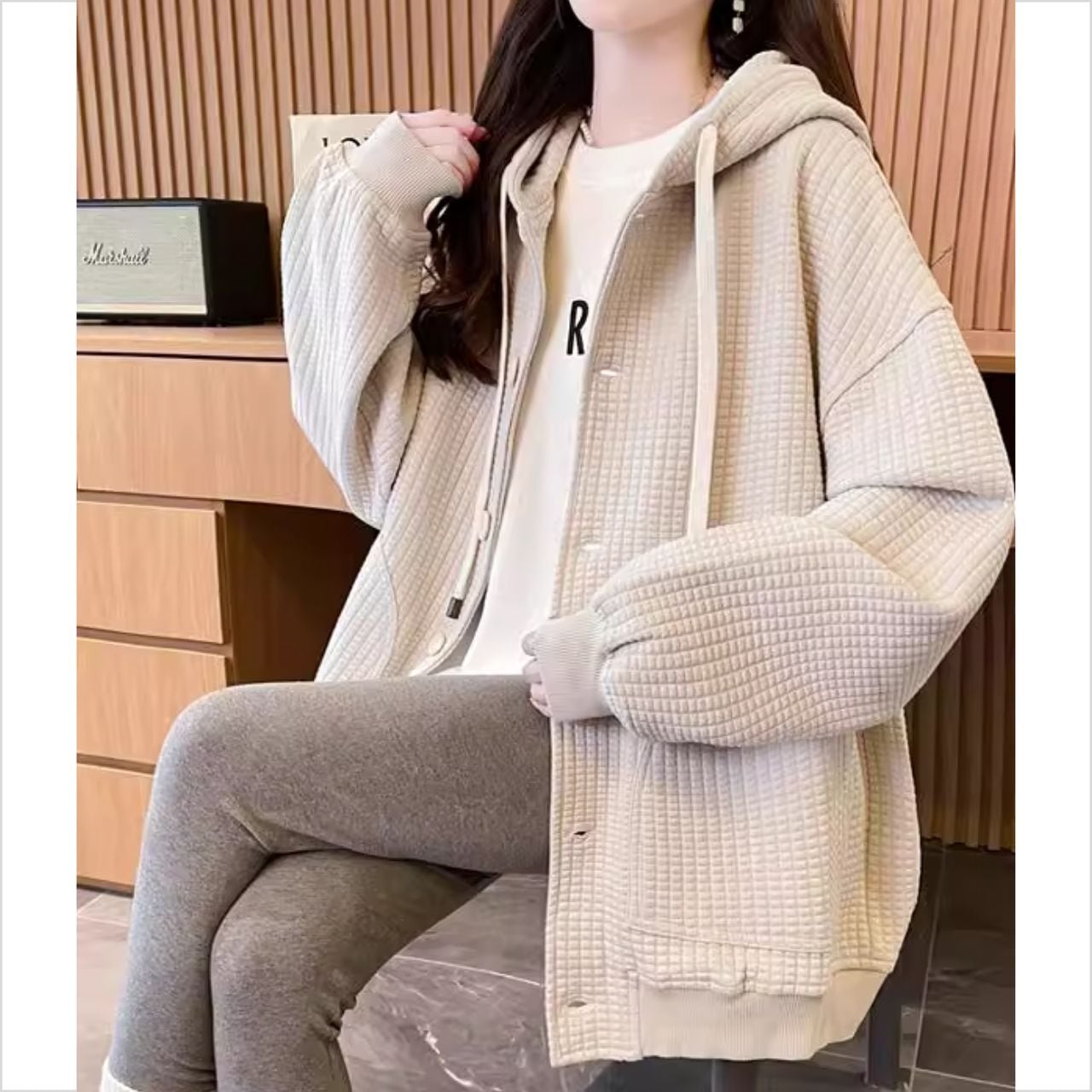 ワッフル編み フード付き ゆったりパーカー Ln00430