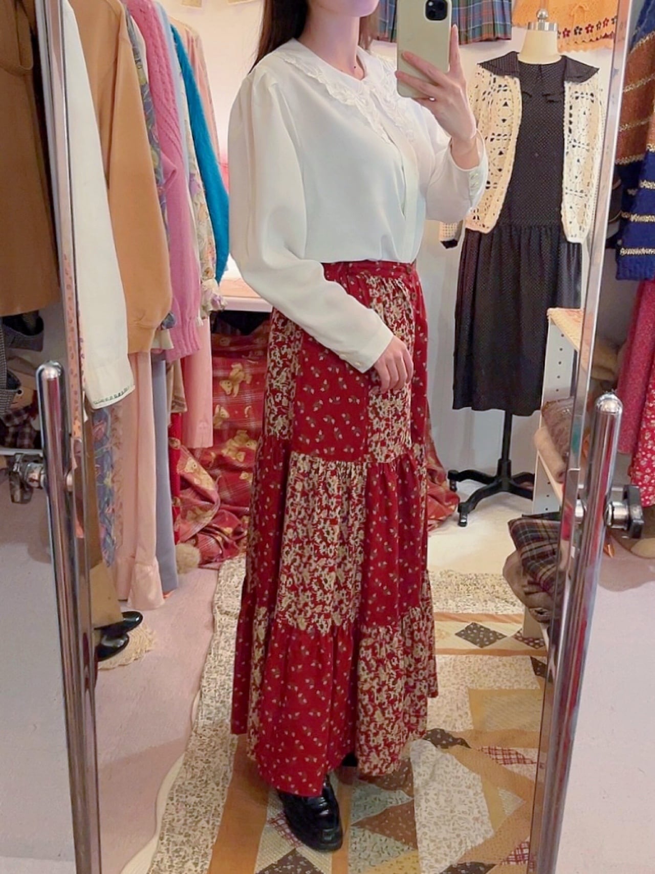 red flower patchwork tiered skirt