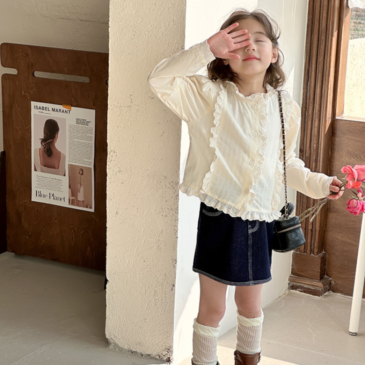 春ヴィンテージ風刺しゅうスタンドカラーシャツ