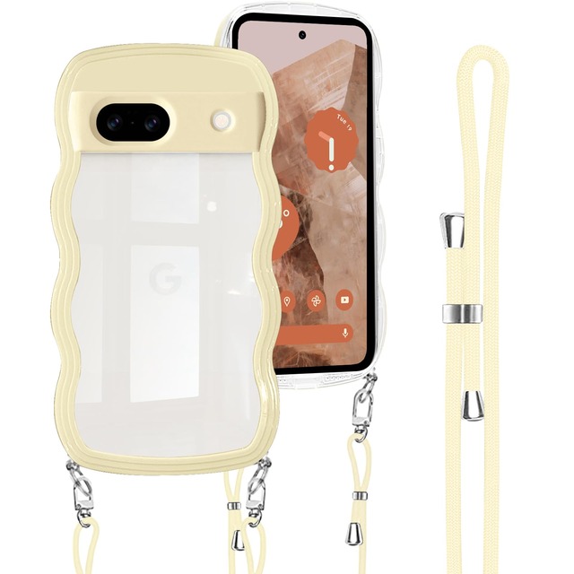 Shengkawang Google Pixel 8a 用 ケース ショルダー ストラップ 波型 ウェーブ 韓国 スマホケース イエロー