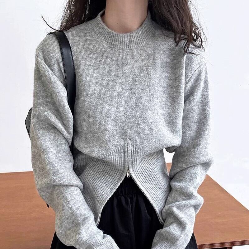 round neck zipper design tops W00175