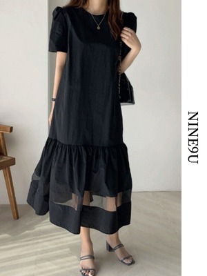 【即納商品】sheer long tiered panel-one-piece 2color【NINE7854】