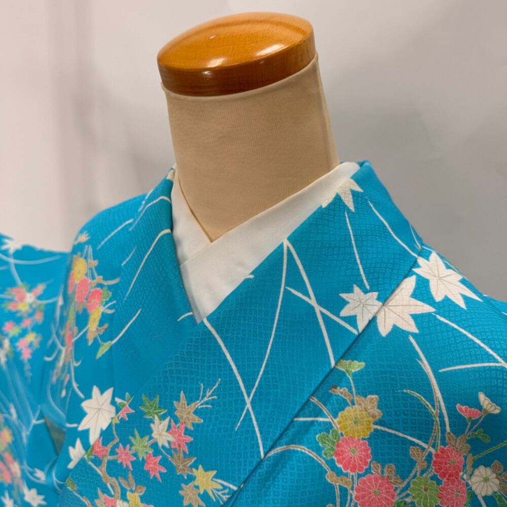 小紋 単衣 洗える着物 裄63.7cm 身丈158cm 花柄 お洒落着 普段着 ポリエステル 水色 美品 S サイズ 6374