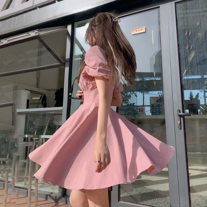 ウェスト薄手スリーブカラードレス サマースタイルスカート ピンク 大人ガーリー スウィート キュート カジュアル 夏物 スクウェア 萌量不足87553641536