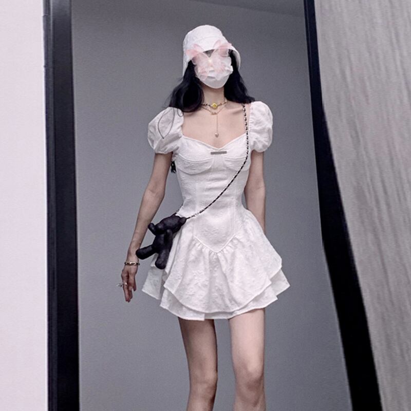 ホワイトスリーブドレス サマースリムスカート 大人ガーリー スウィート キュート カジュアル 夏物 スーパーモール78778981403