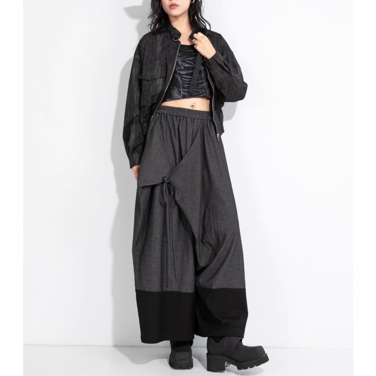 Waist Rubber Asymmetrical Drape Wide Pants 00245