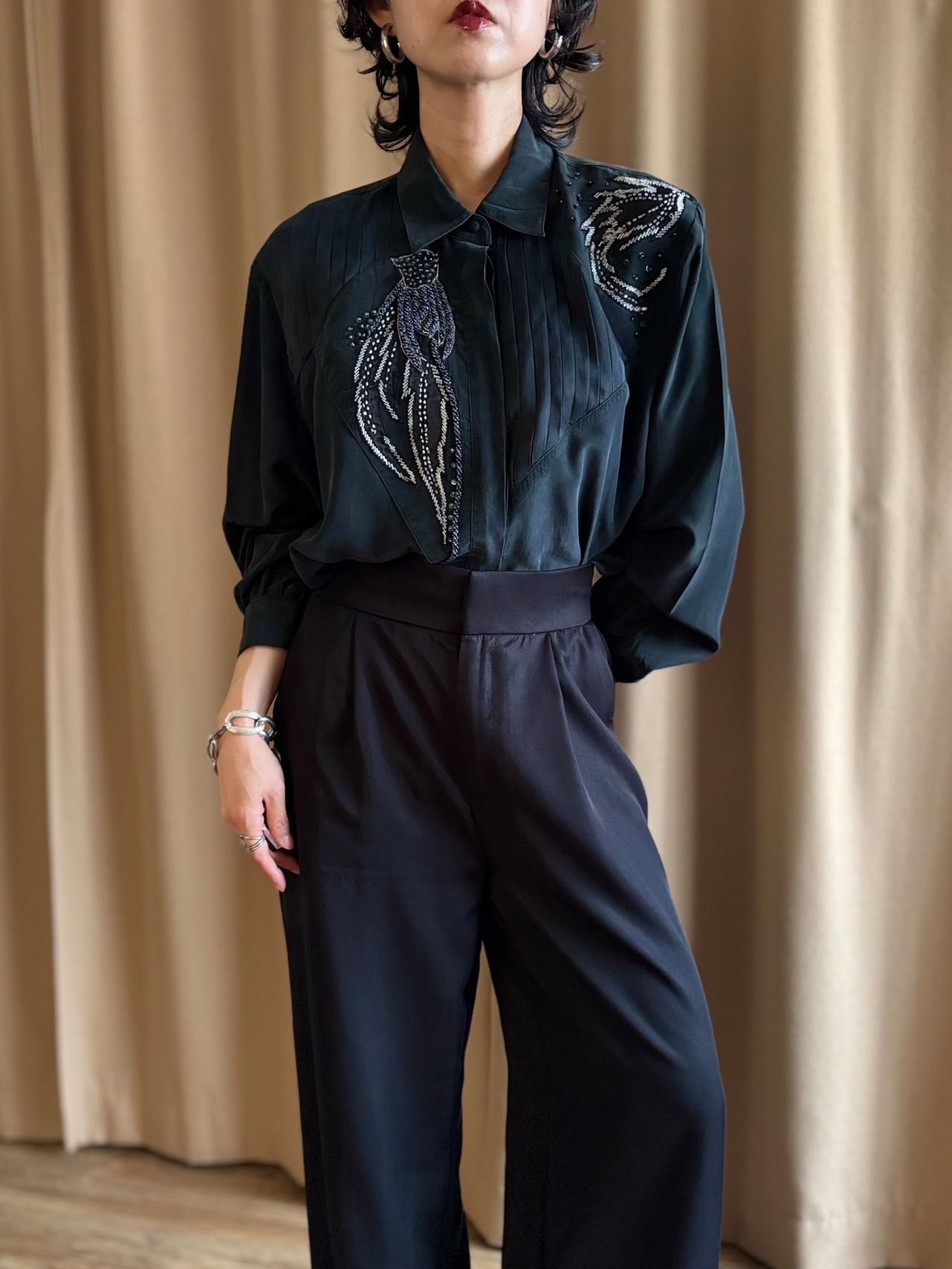 mode beaded embroidery black shirt-5313-7