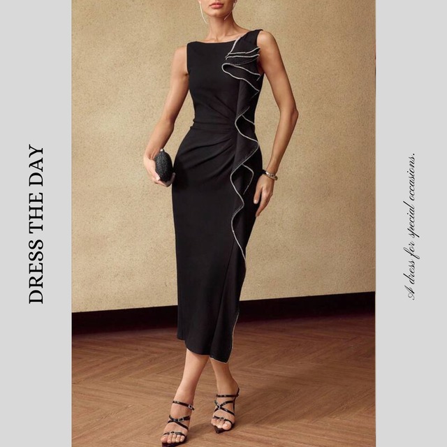 ラインストーンフリルロングドレス W0126